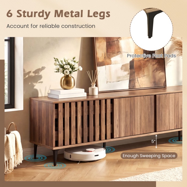 Mid-century modern entertainment center in walnut with 4 storage cabinets and 6 sturdy metal legs for reliable.