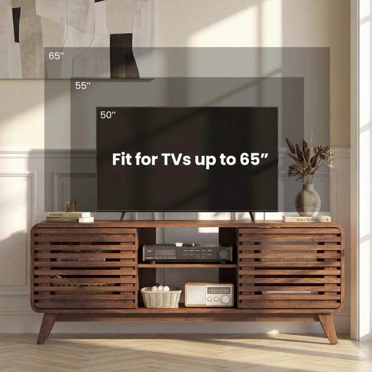 Mid Century Modern Entertainment Center in walnut finish, showcasing fit for TVs up to 65" with grille-style sliding.