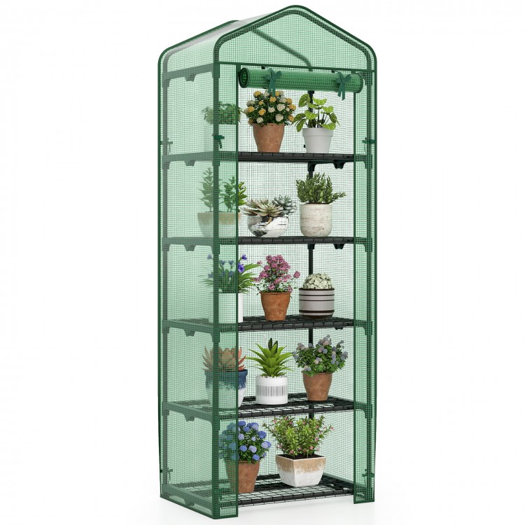 Portable green mini greenhouse with 5 tier shelves, ideal for organizing plants on balconies or terraces.