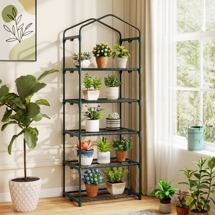 5-tier portable greenhouse with a green metal frame, perfect for organizing plants on balconies or terraces.
