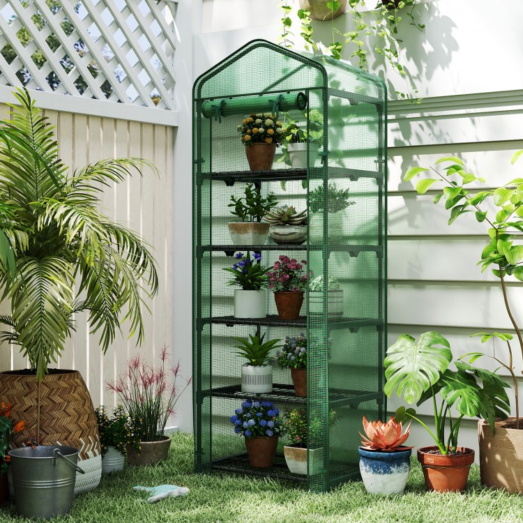 Portable green mini greenhouse with 5 tier shelves, ideal for balcony gardening and protecting plants from harsh.