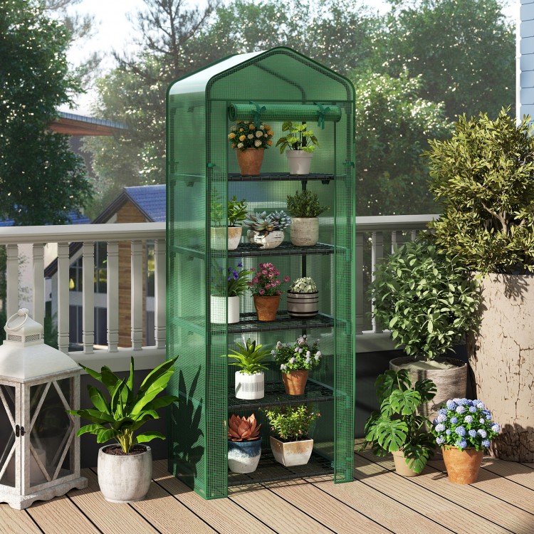 Mini greenhouse with 5 tier shelves in green, perfect for organizing plants on balconies or terraces.