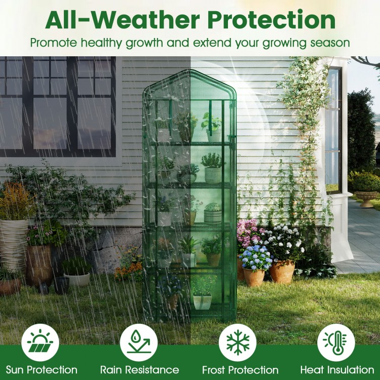Portable green mini greenhouse with 5 tier shelves, rustproof frame, and weather protection for balcony gardening.