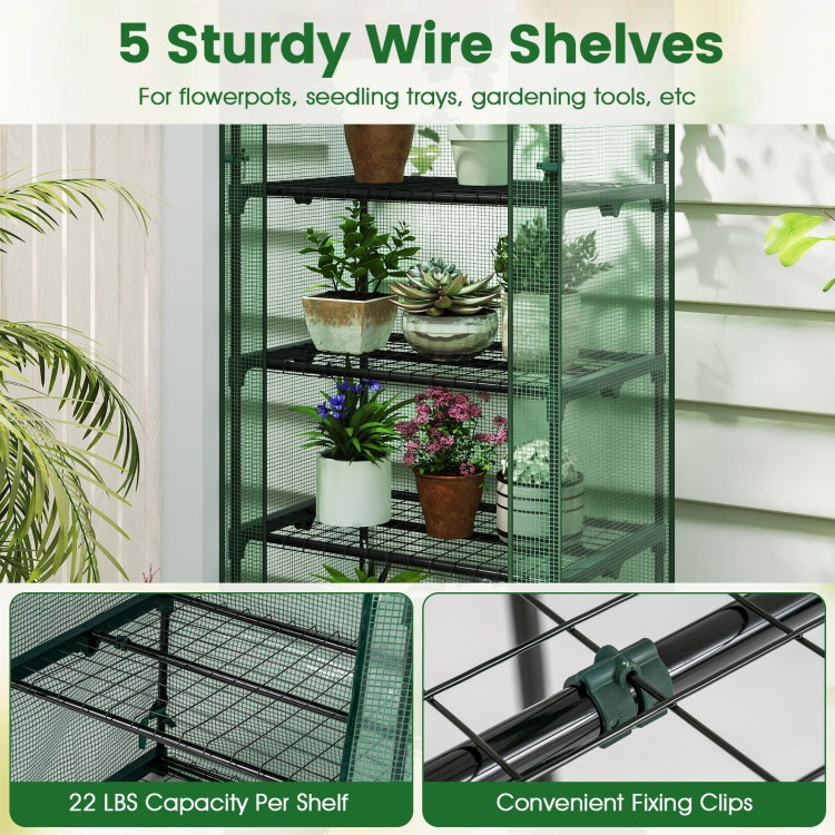 5-tier portable greenhouse with green metal frame and wire shelves, ideal for organizing flowerpots and seedling trays.
