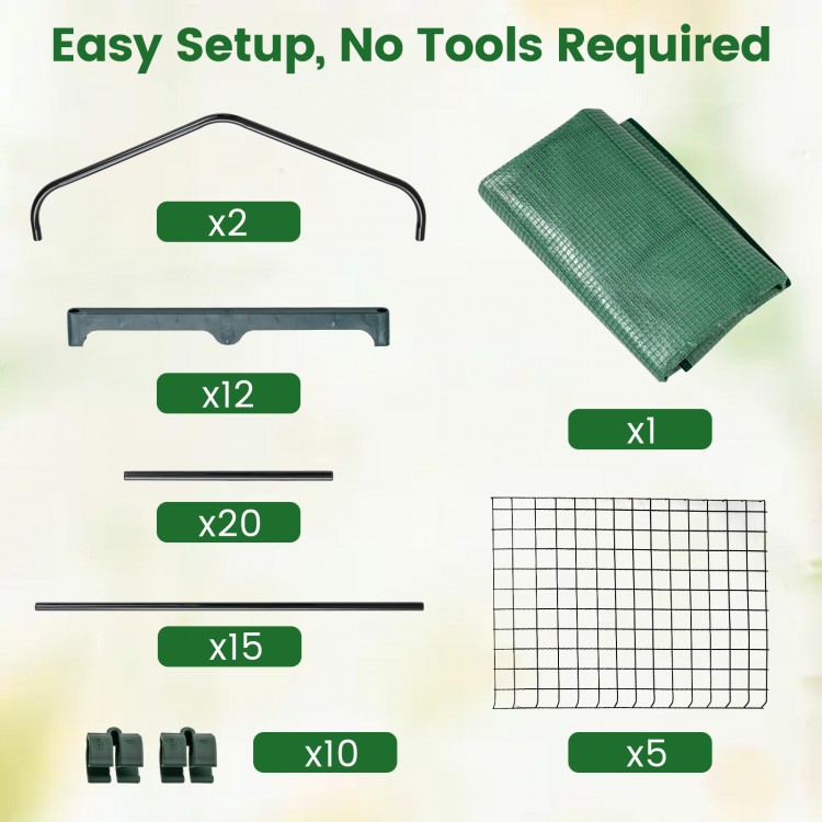 Mini greenhouse components including metal frame, PE cover, and wire shelves for easy setup and plant organization.