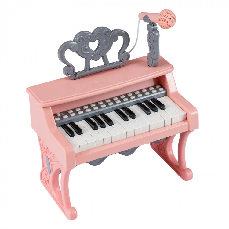 Mini pink keyboard piano with 25 keys, microphone, and music stand, designed for toddlers' musical play and learning.