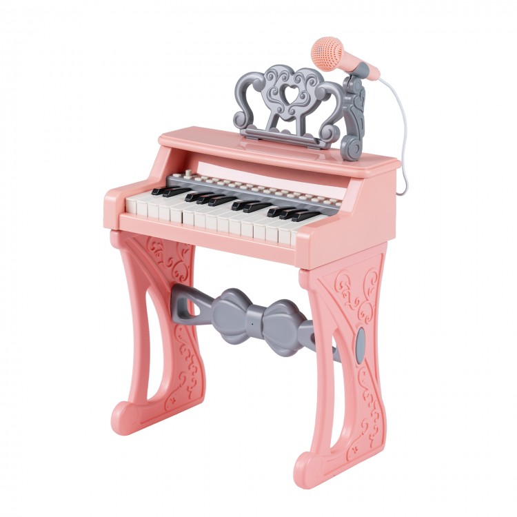 Mini keyboard piano for kids in pink with 25 keys, microphone, and matching stool for musical fun.