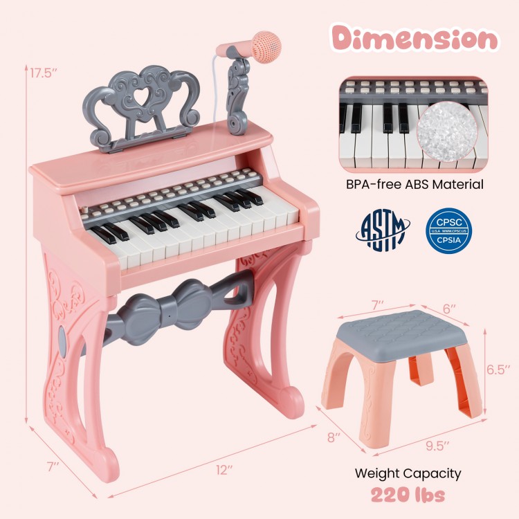 Mini keyboard piano for kids in pink with 25 keys, microphone, and matching stool for music play and learning.