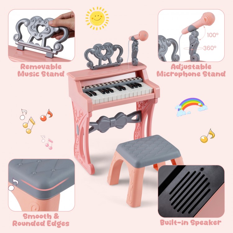 Mini keyboard piano for kids in pink with 25 keys, detachable music stand, microphone, and matching stool for toddlers.