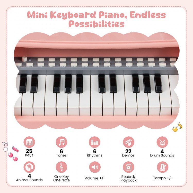 Mini Keyboard Piano with 25 keys in pink, featuring 6 tones and 22 demos, perfect for toddlers' music play.