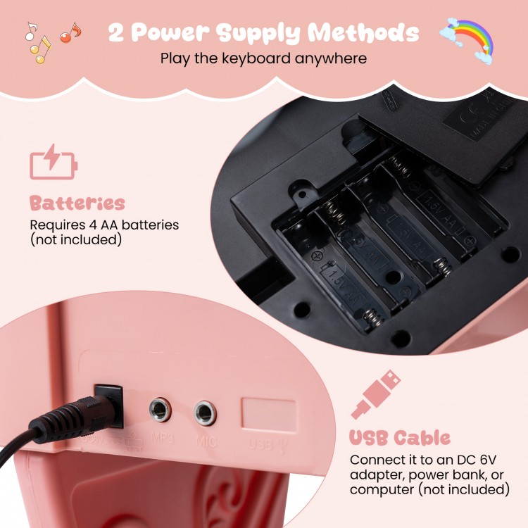 Mini keyboard piano for kids showing power supply options: battery compartment and USB connection for versatile use.