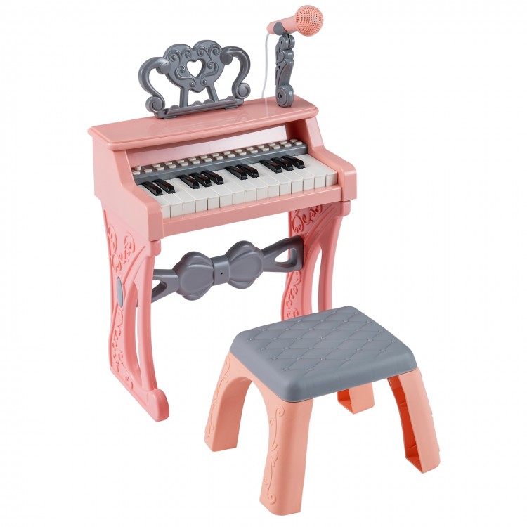 Mini keyboard piano for kids in pink with 25 keys, microphone, and matching stool for toddlers' music play.