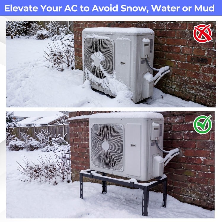 Adjustable black ground stand for mini split AC units, elevating to avoid snow and water for stable operation.