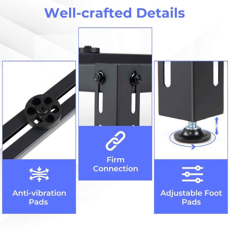 Adjustable foot pads and anti-vibration pads on a black mini split ground stand for ductless AC units.