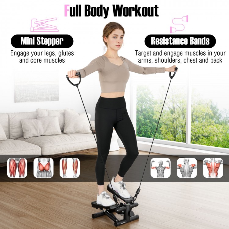Mini stepper with resistance bands for full body workout, featuring adjustable height and anti-slip pedals for home.