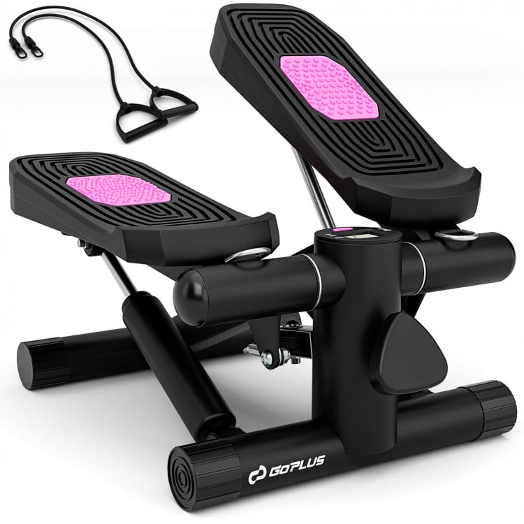 Mini stepper with adjustable height and resistance bands for home exercise, featuring anti-slip pedals and compact.