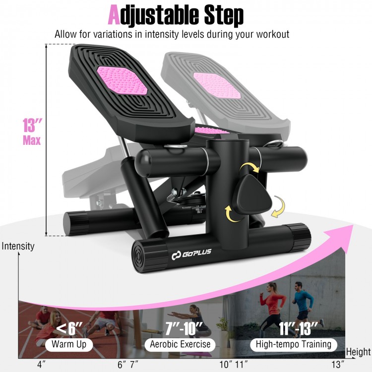 Mini stepper with adjustable height, resistance bands, and anti-slip pedals for effective home workouts.