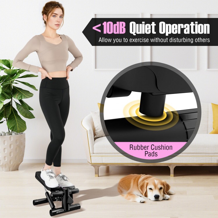 Mini stepper with resistance bands, adjustable height, and anti-slip pedals for quiet home workouts.