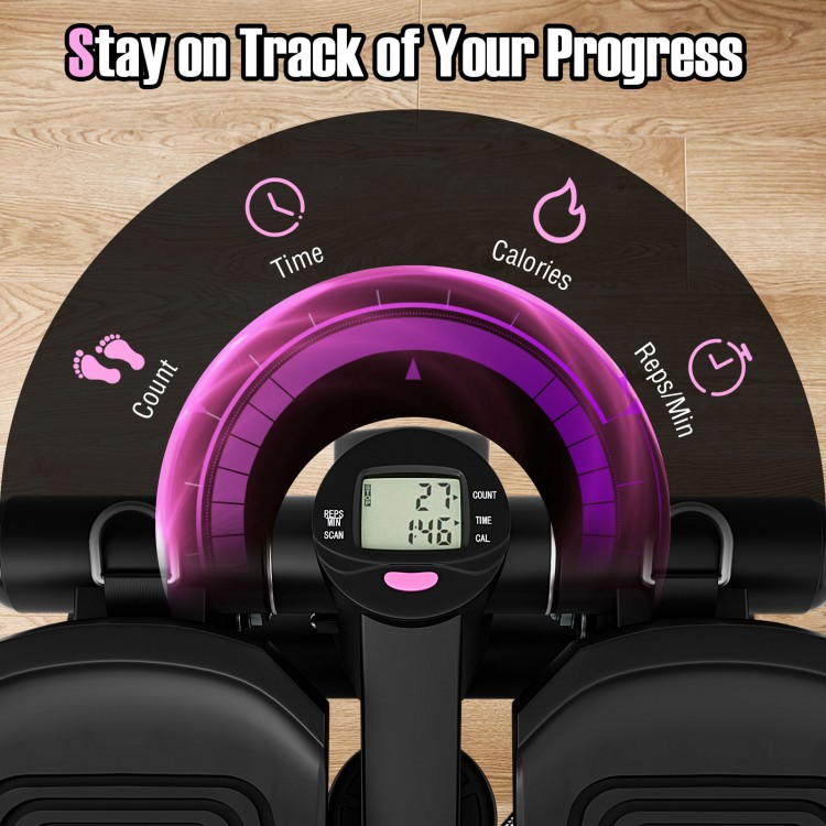 Close-up of the Mini Stepper display showing time, calories, count, and reps/min for effective home workouts.