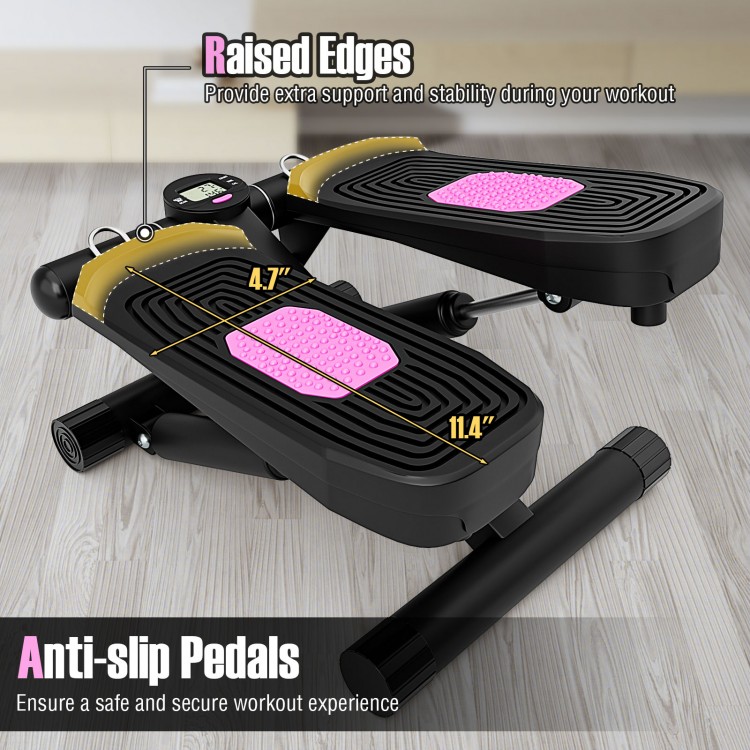 Mini stepper with anti-slip pedals and raised edges for stability, featuring resistance bands for full-body workouts at.
