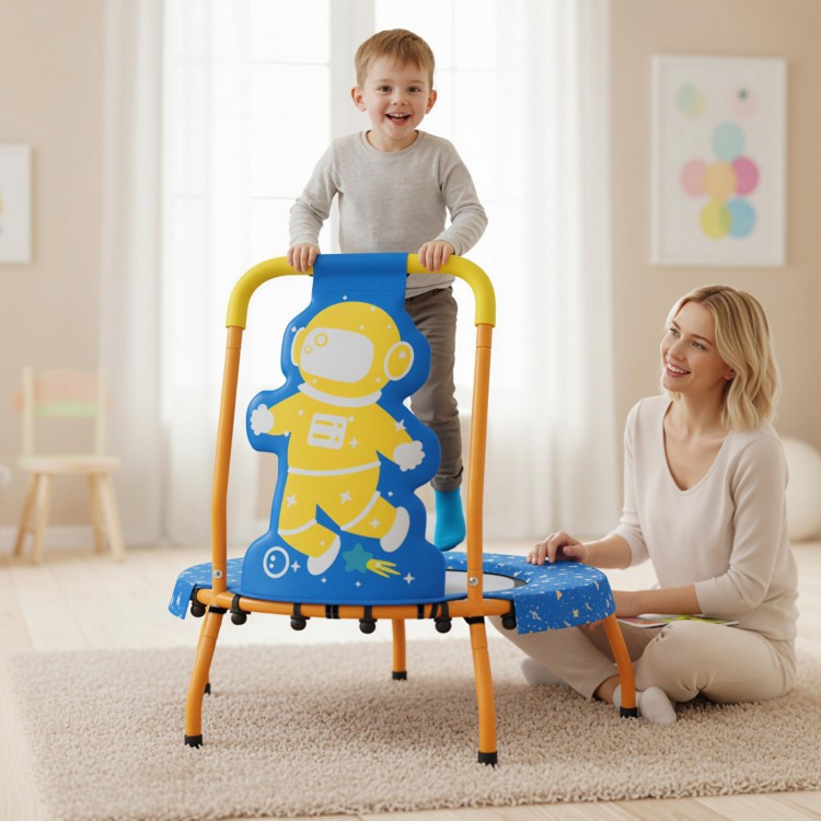 Toddler mini trampoline in blue with astronaut design, featuring a foam-padded handle for safety and comfort.