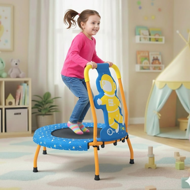 Toddler mini trampoline with foam padded handle, blue design, and safety cover for fun and secure jumping indoors.