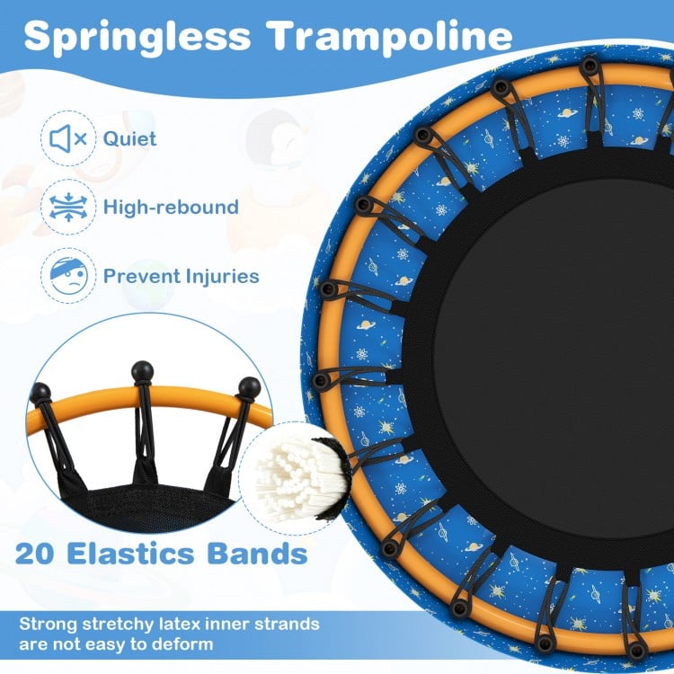 Mini trampoline for toddlers with foam-padded handle, safety cover, and strong stretchy latex bands for injury.