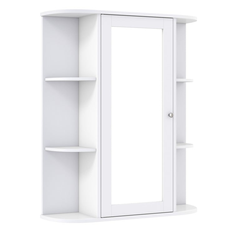 White mirrored bathroom medicine cabinet features a single mirror door and six fan-shaped shelves for stylish organization.