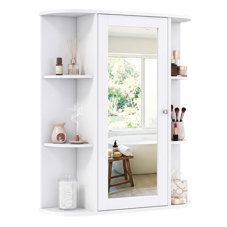 Mirrored bathroom medicine cabinet in white offers a sleek design with a single mirror door and fan-shaped open shelves.
