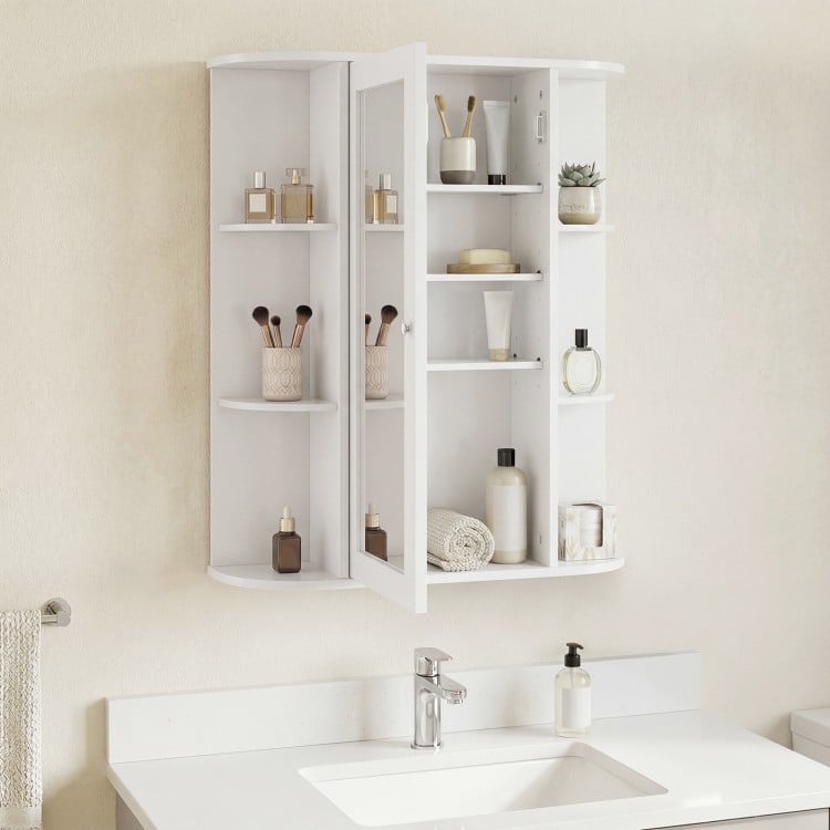 Mirrored bathroom medicine cabinet in white features a single mirror door and adjustable shelves for versatile storage.