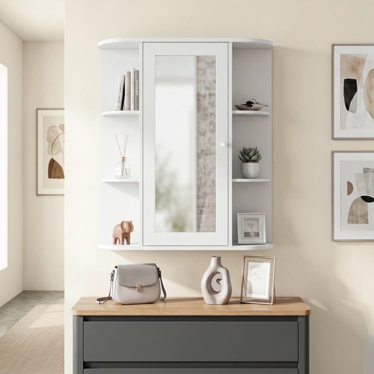 White mirrored bathroom medicine cabinet showcasing a modern design with six open shelves and a detachable inner shelf.