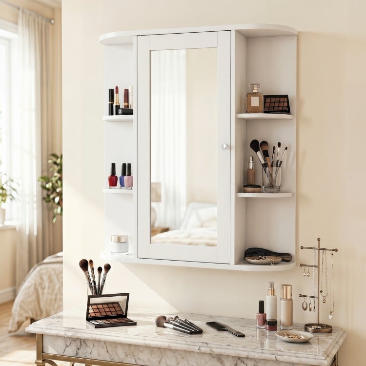 Mirrored bathroom medicine cabinet in white with six open shelves and a sleek design ideal for stylish storage solutions.