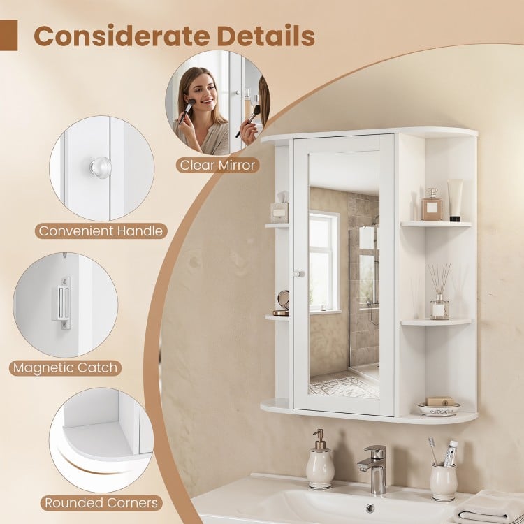 Mirrored bathroom medicine cabinet in white features a single mirror door, adjustable shelves, and ample storage space.