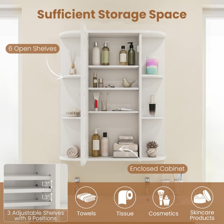 Mirrored bathroom medicine cabinet with adjustable shelves, six open shelves, and enclosed cabinet for versatile storage.