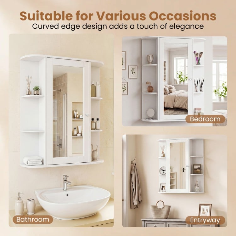 Mirrored bathroom medicine cabinet in white features adjustable shelves and a sleek design for versatile storage solutions.