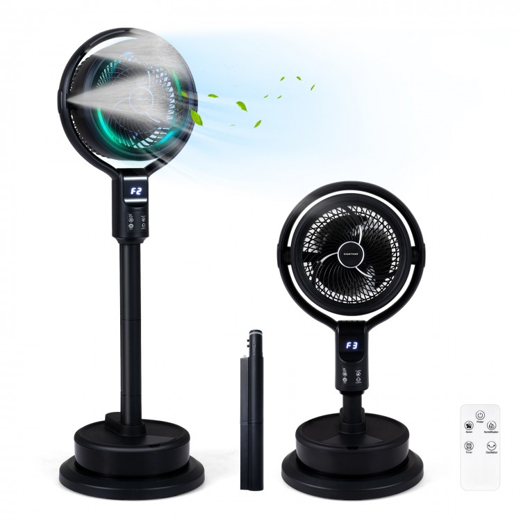 Misting pedestal fan with remote, 90° oscillation, 8 speeds, and large water tank for summer comfort.
