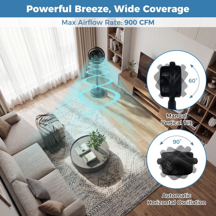 Misting pedestal fan with 90° auto oscillation, 8 speeds, and powerful airflow for indoor and outdoor comfort.