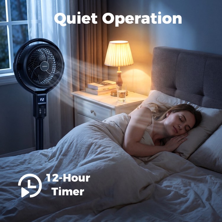 Misting pedestal fan with 90° auto oscillation, 8 speeds, and 12-hour timer for enhanced summer comfort.