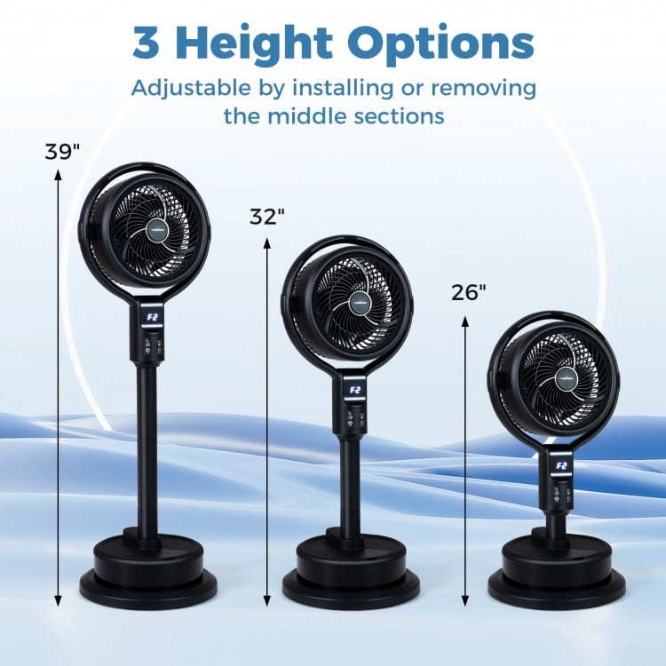 Adjustable Misting Pedestal Fan with 3 height options, 8 speeds, and 90° auto oscillation for versatile cooling.