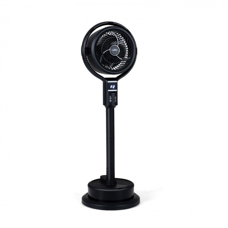 Misting pedestal fan in black with 90° auto oscillation, 8 speeds, and large water tank for enhanced summer comfort.