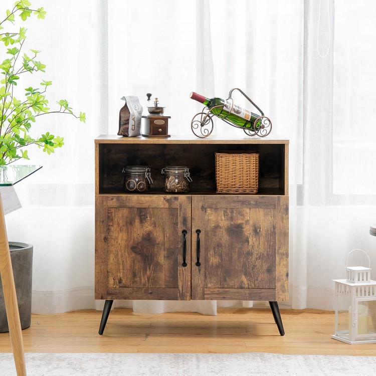 Mid-century wooden storage cabinet in rustic brown with wine glass holders and two enclosed cabinets for versatile.