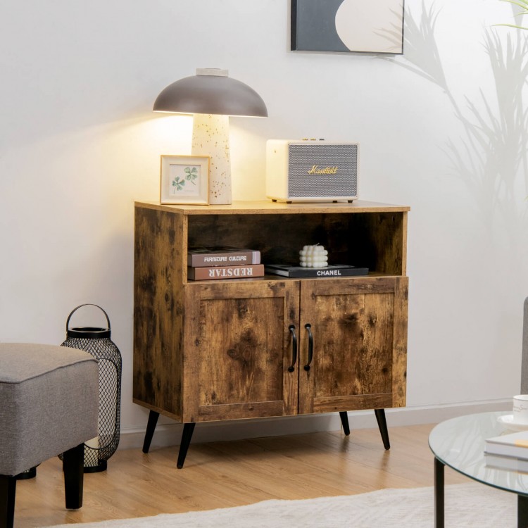 Mid-century wooden storage cabinet in rustic brown with wine glass holders and open shelf, perfect for living room use.