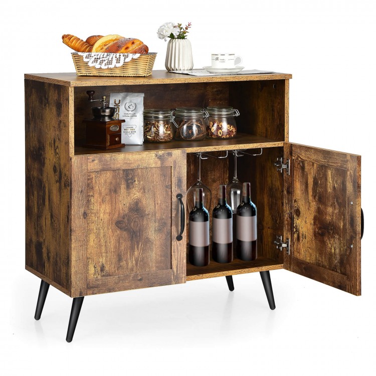 Mid-century wooden storage cabinet in rustic brown with wine glass holders and enclosed storage for versatile home use.