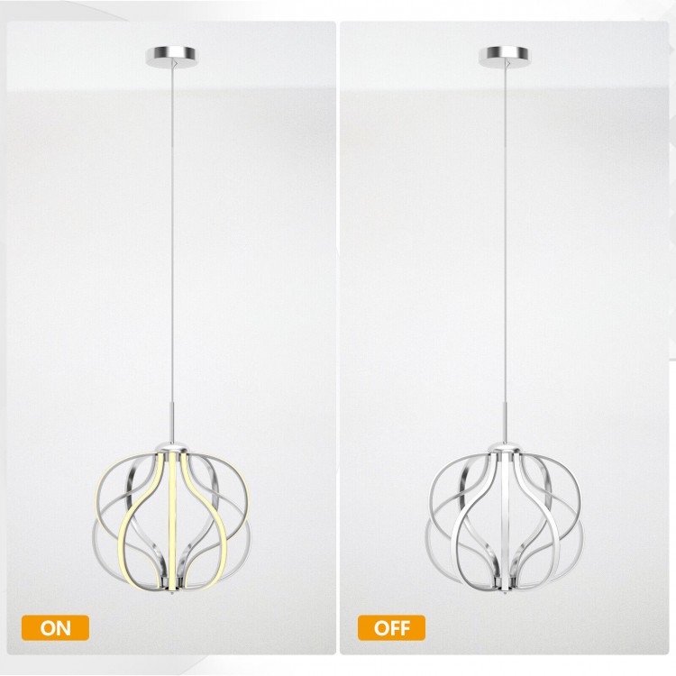 Modern dimmable LED chandelier in silver finish, showcasing warm white light, adjustable height for versatile.