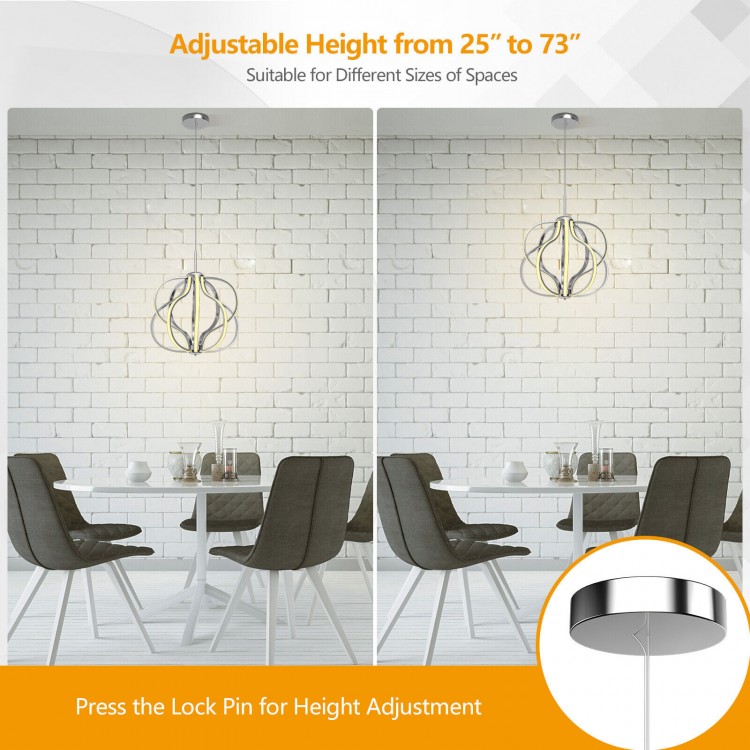 Modern LED chandelier with adjustable height from 25" to 73", ideal for dining rooms and living spaces.