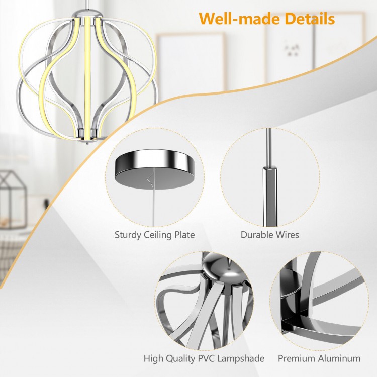Modern LED chandelier showcasing high-quality PVC lampshade and adjustable height, perfect for various ceiling types.