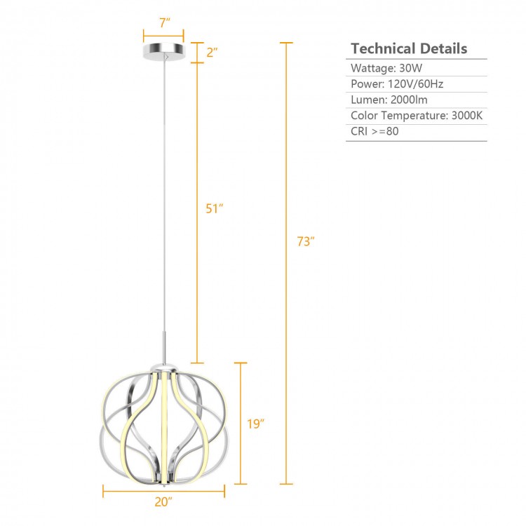 Modern LED chandelier with adjustable height, 3000K warm white light, ideal for dining rooms and living spaces.
