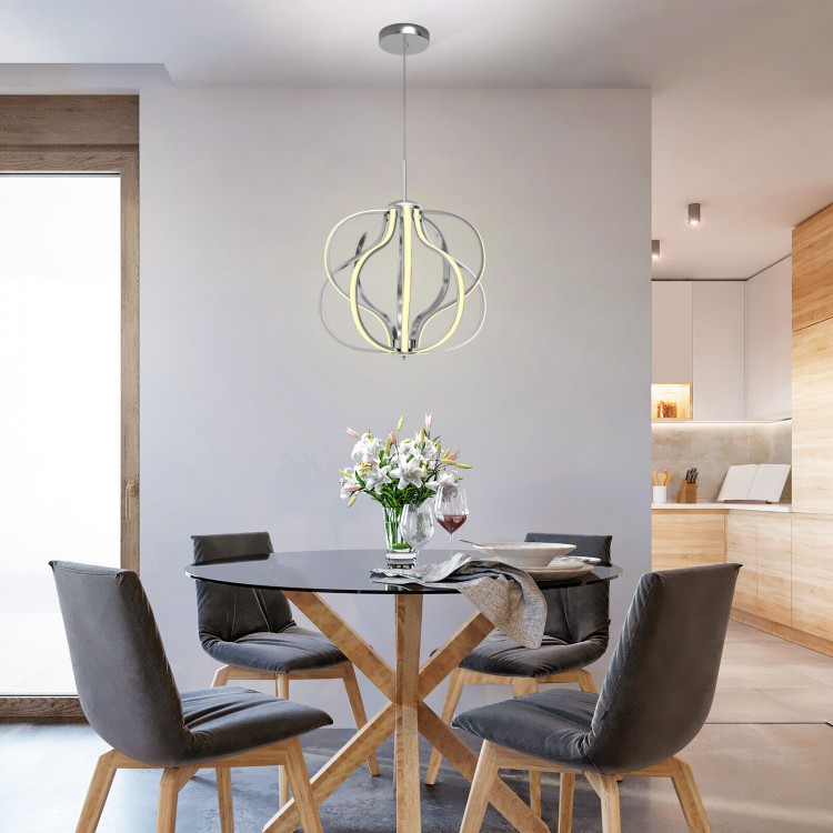 Modern LED chandelier with adjustable height and warm white light, perfect for dining rooms and various ceiling types.