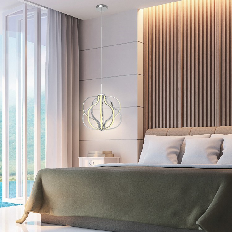 Modern LED chandelier with adjustable height, warm white light, perfect for bedrooms and living rooms.