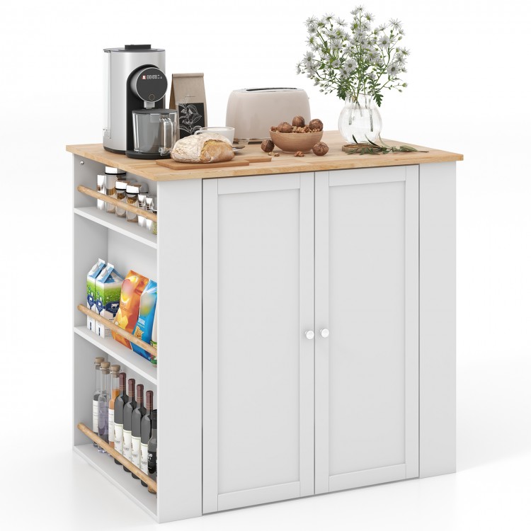 Modern kitchen island with rubber wood countertop, showcasing a stylish design and ample storage for kitchen essentials.